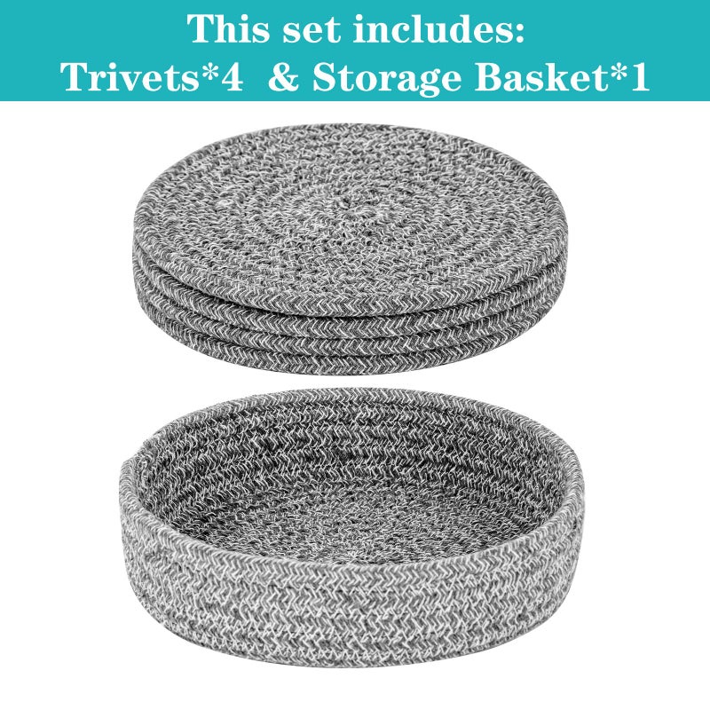 Cazzon Trivets for Hot Dishes  Pots and Pans  Hot Pads with Storage Basket  Pot Holders for Kitchen  Heat Resistant Mat Protect Counter Home Essentials  Farmhouse Decor (Deep Gray 4 PCS) - Image 2